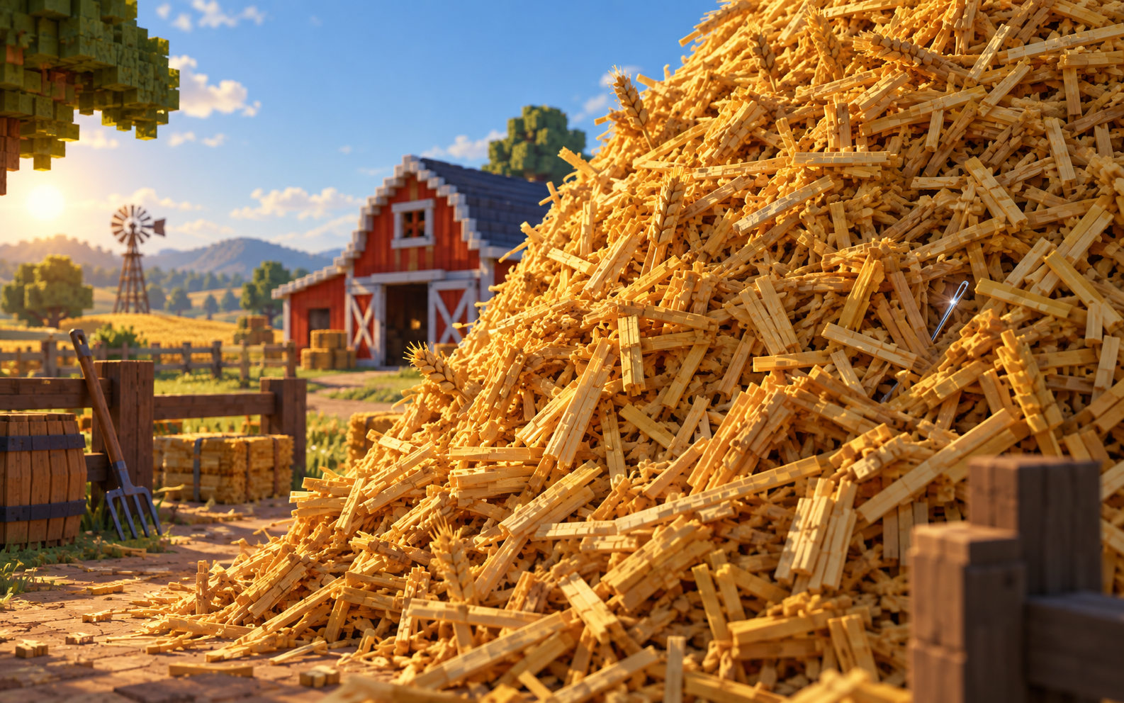A huge golden haystack with a small silver needle on a blocky farm